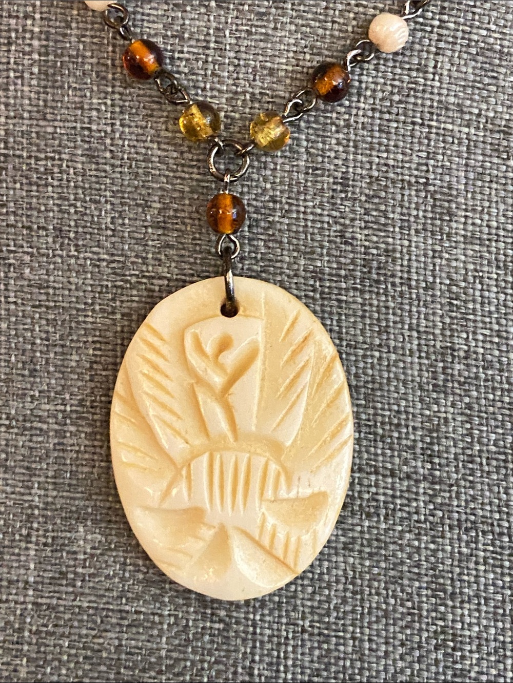 Vintage Carved Bovine Bone Scarab Pendant Amber Glass Bone Beads Choker Necklace
